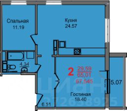 2-комн.кв., 65 м², этаж 4