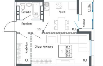 1-комн.кв., 41 м², этаж 21