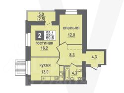 2-комн.кв., 61 м², этаж 1