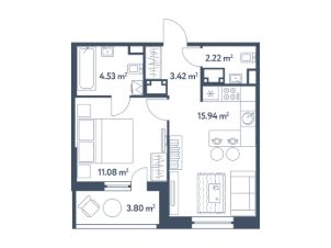 2-комн.кв., 39 м², этаж 2