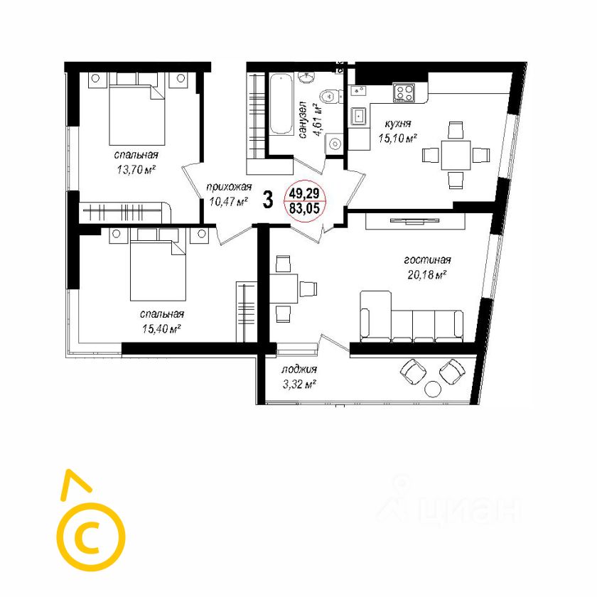 Продается3-комн.квартира,83,6м²