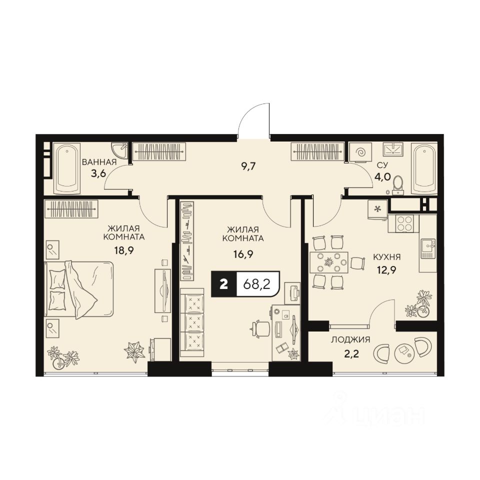 Продаю двухкомнатную квартиру 68,2м² Анапа, Краснодарский край, Анапский  район, 18/3 жилой комплекс - база ЦИАН, объявление 280803671