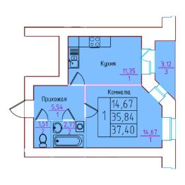 1-комн.кв., 37 м², этаж 5