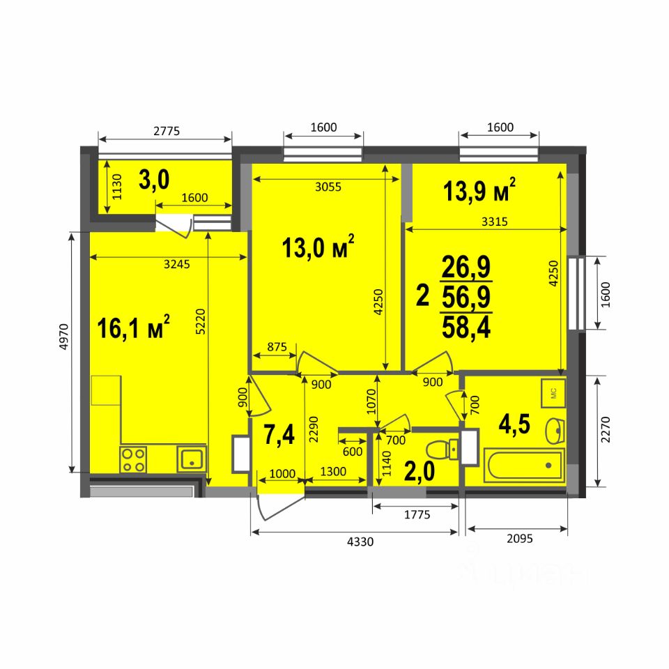 Продажа двухкомнатной квартиры 58,4м² ул. Смоленская, 3Б, Владимир,  Владимирская область - база ЦИАН, объявление 275652772