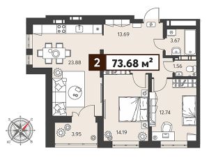 2-комн.кв., 74 м², этаж 2