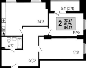2-комн.кв., 84 м², этаж 2
