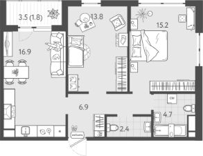 2-комн.кв., 62 м², этаж 10