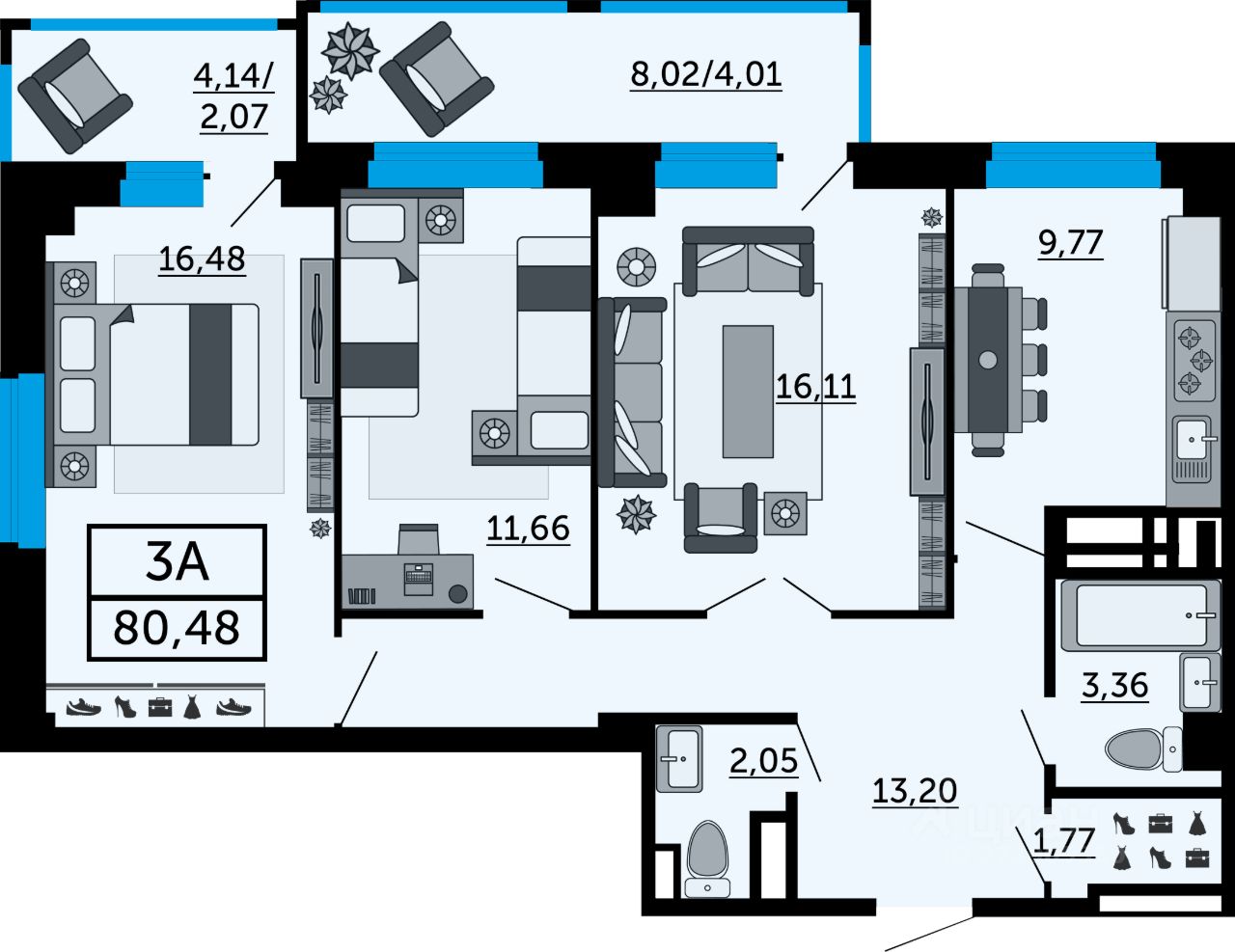 Купить трехкомнатную квартиру 80,5м² ул. Мечникова, 110Г, Ростов-на-Дону,  Ростовская область - база ЦИАН, объявление 273905550