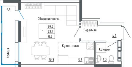 1-комн.кв., 39 м², этаж 2