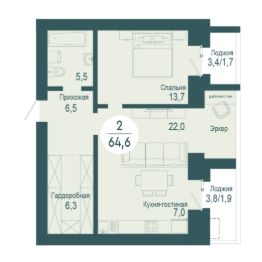 2-комн.кв., 65 м², этаж 17