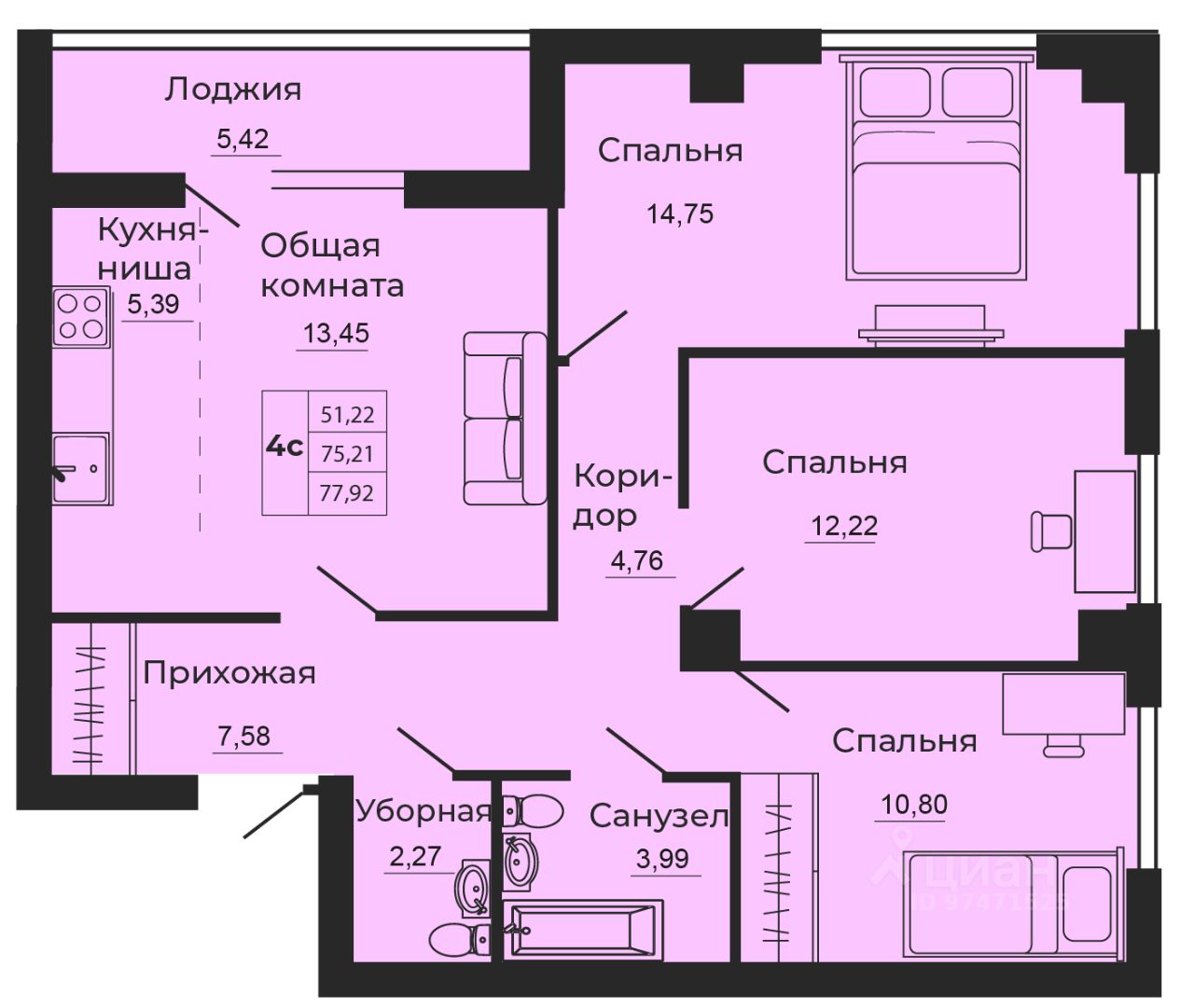 Продажа четырехкомнатной квартиры 77,9м² Батайск, Ростовская область - база  ЦИАН, объявление 280556455