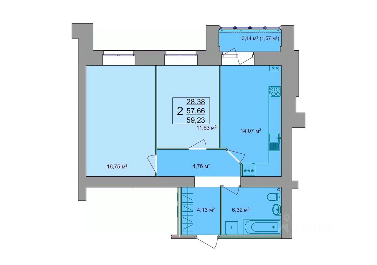 Продажа двухкомнатной квартиры 59,2м² Привокзальная ул., 12, Кострома,  Костромская область - база ЦИАН, объявление 287871976