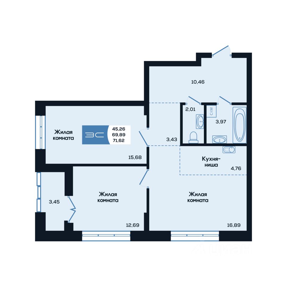 Продаю трехкомнатную квартиру 71,6м² ул. Титова, 46, Новосибирск,  Новосибирская область, м. Площадь Маркса - база ЦИАН, объявление 287948852