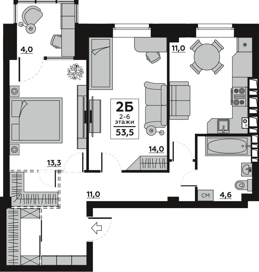 Продается2-комн.квартира,53,83м²