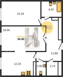 2-комн.кв., 68 м², этаж 3