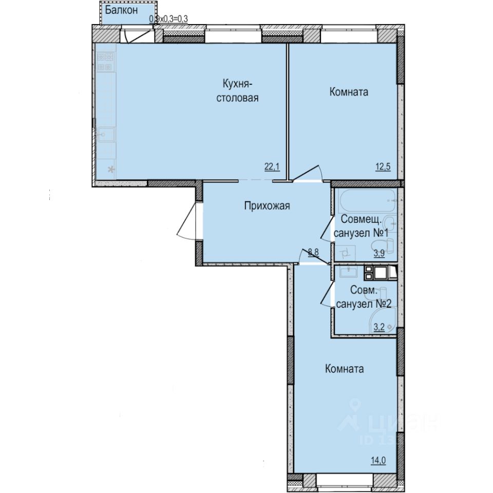 2-комн.кв., 64,8 м², 9/17 этаж