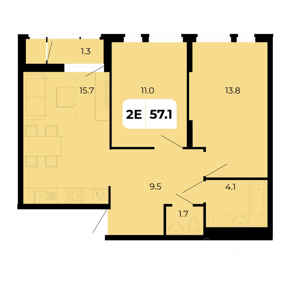 2-комн.кв., 57,1 м², 13/18 этаж