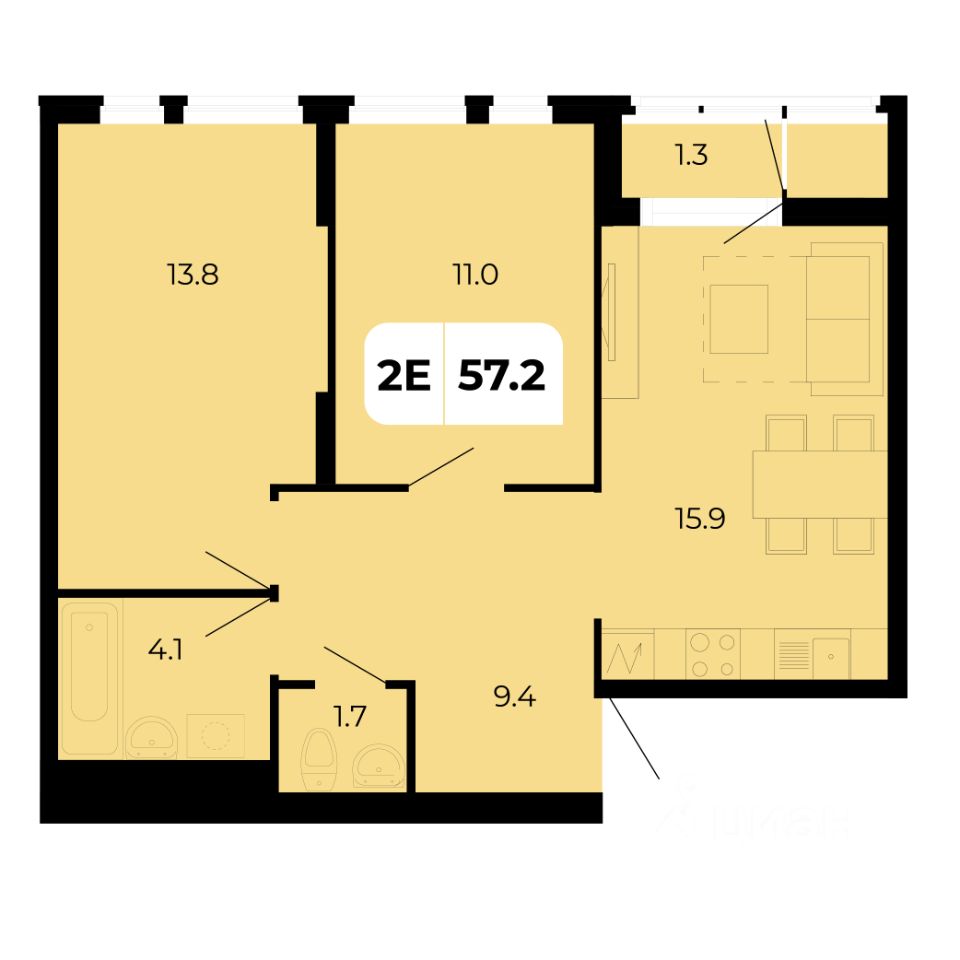 2-комн.кв., 57,2 м², 15/18 этаж
