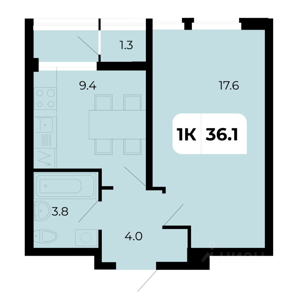 1-комн.кв., 36,1 м², 15/18 этаж