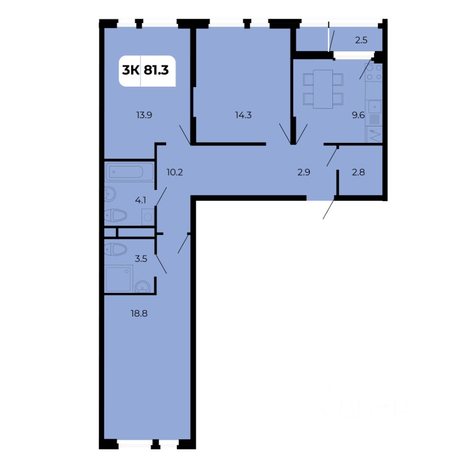 3-комн.кв., 81,3 м², 8/17 этаж