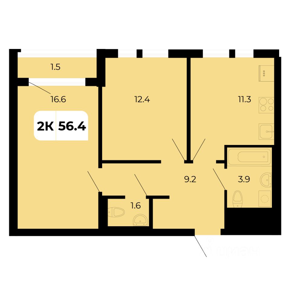 2-комн.кв., 56,4 м², 11/19 этаж
