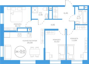 3-комн.кв., 70 м², этаж 2