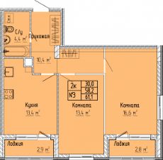 2-комн.кв., 61 м², этаж 2