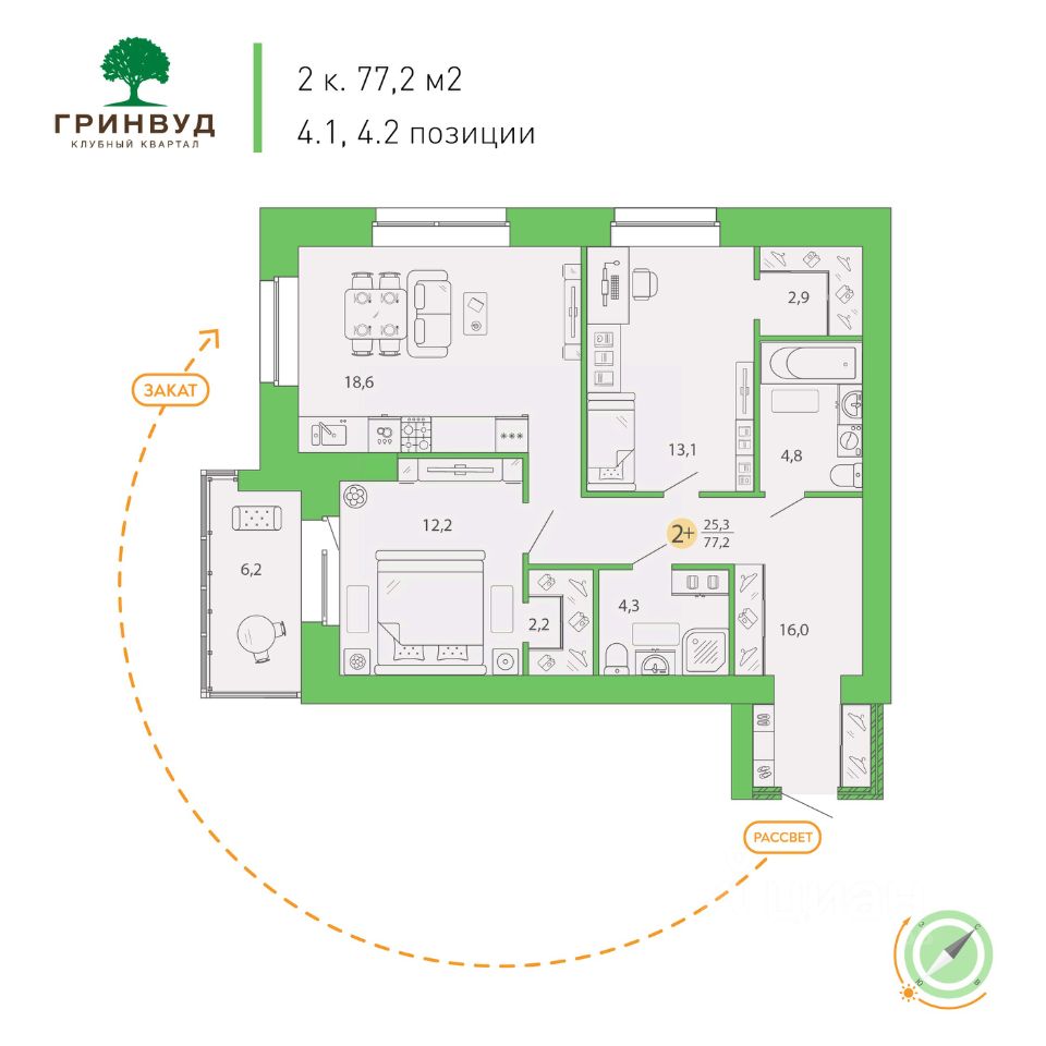 Продажа двухкомнатной квартиры 77,2м² Брянск, Брянская область, Клубный  Гринвуд квартал - база ЦИАН, объявление 289070278