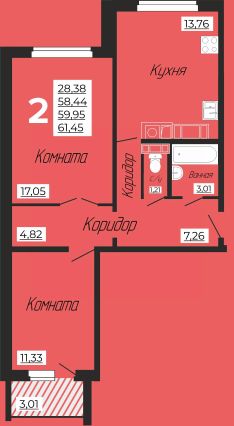 2-комн.кв., 58 м², этаж 1