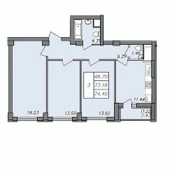 3-комн.кв., 74 м², этаж 12