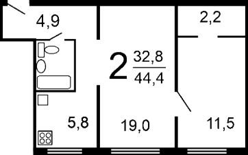 2-комн.кв., 45 м², этаж 1