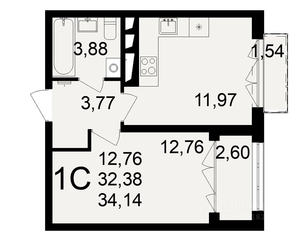1-комн.кв., 34,1 м², 16/18 этаж