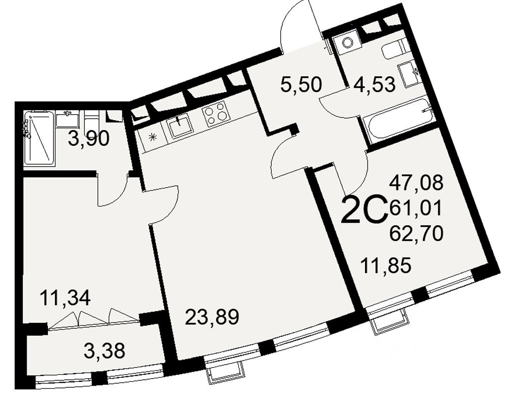 2-комн.кв., 62,7 м², 6/16 этаж