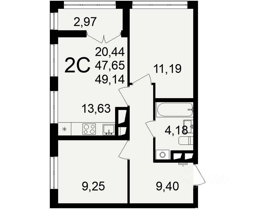 2-комн.кв., 49,1 м², 13/18 этаж