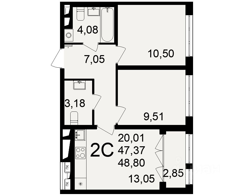2-комн.кв., 48,8 м², 12/18 этаж