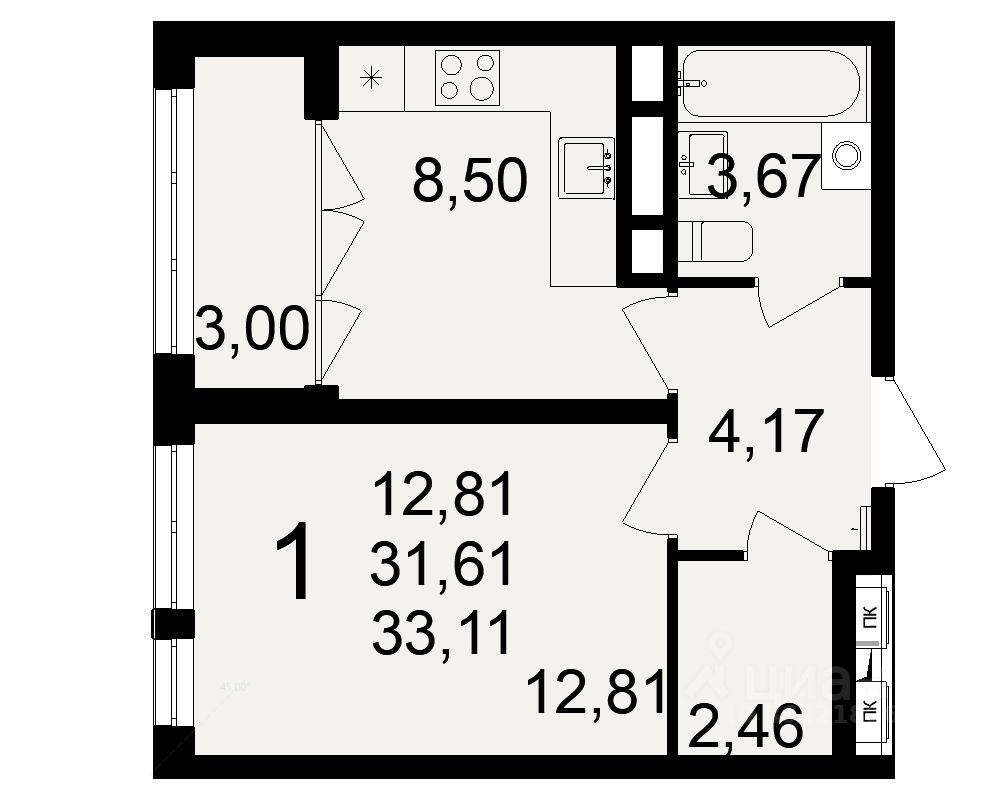 1-комн.кв., 33,1 м², 17/18 этаж