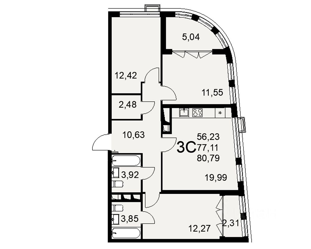 Купить трехкомнатную квартиру 80,8м² ул. Федора Смирнова, 2, Тула, Тульская  область - база ЦИАН, объявление 289777389