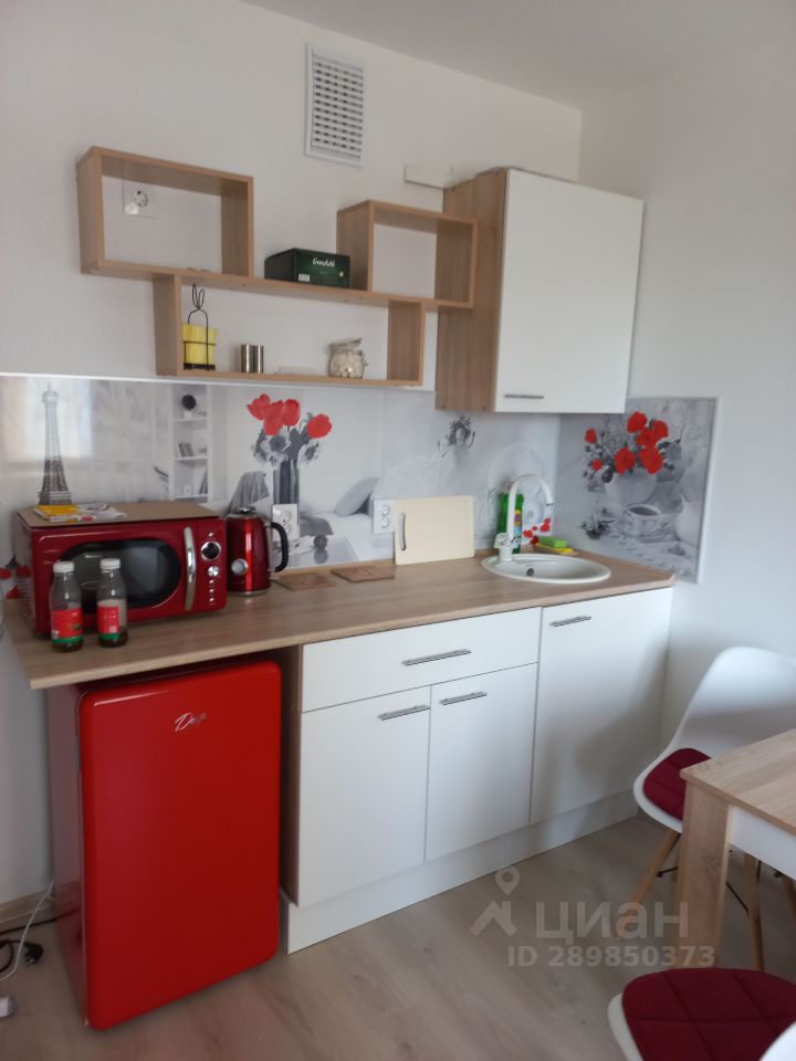 Уютная кухня с красным холодильником и микроволновкой. Современные полки и стильный декор. Идеально для посуточной аренды в Екатеринбурге.