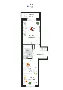 2-комн.кв., 43 м², этаж 18