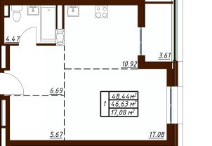 1-комн.кв., 48 м², этаж 2