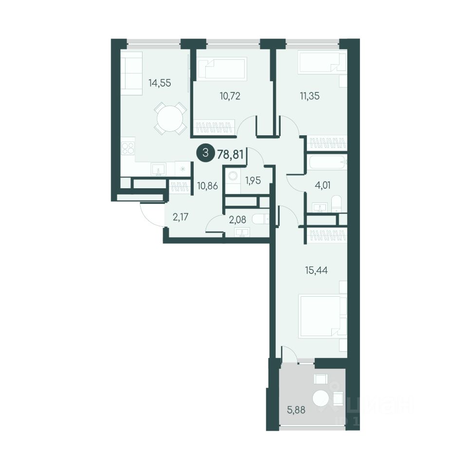 Продаю трехкомнатную квартиру 78,8м² Курган, Курганская область - база  ЦИАН, объявление 290574290