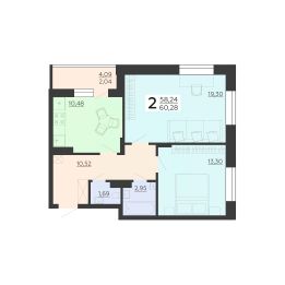 2-комн.кв., 60 м², этаж 3