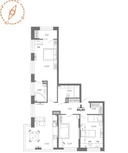 3-комн.кв., 95 м², этаж 12