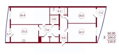 3-комн.кв., 117 м², этаж 9