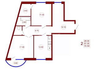 2-комн.кв., 71 м², этаж 4