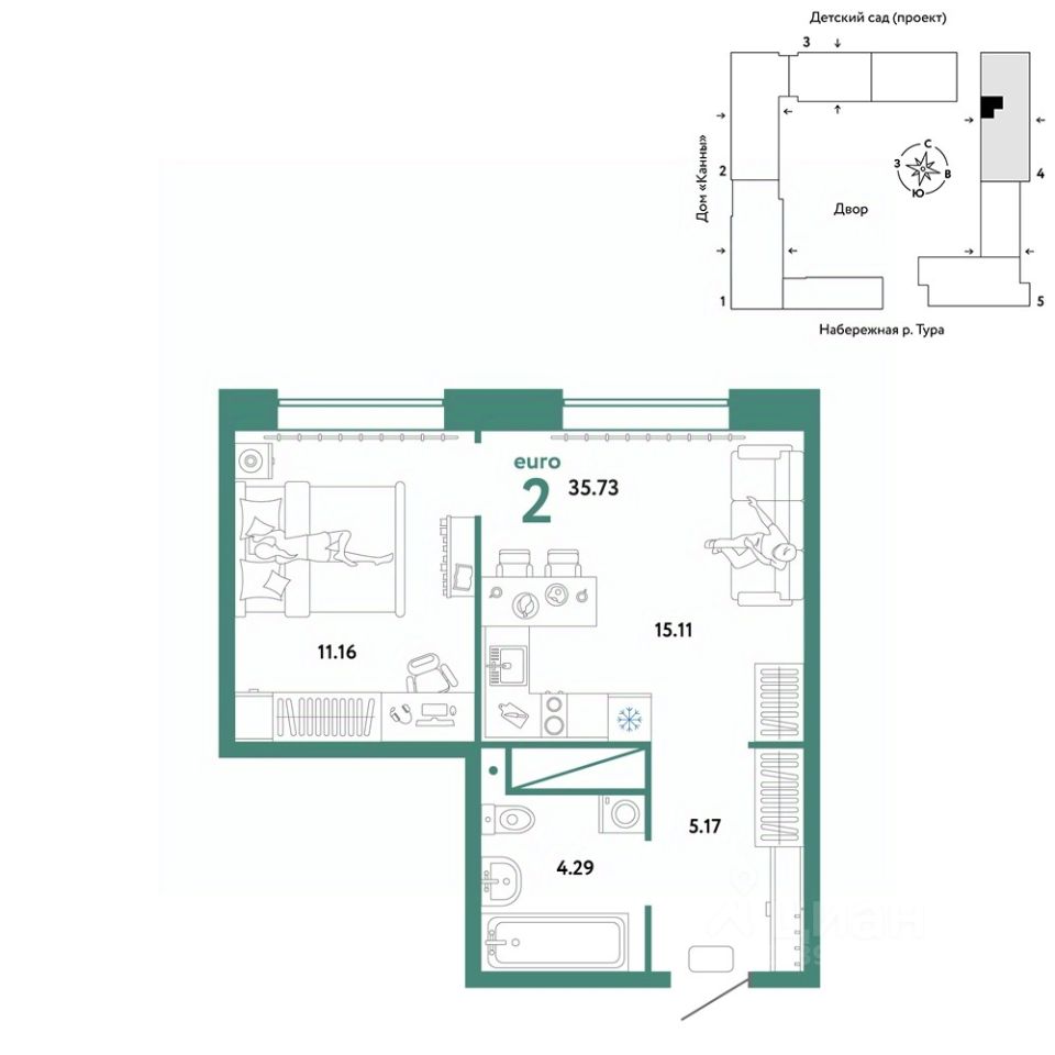 Продаю двухкомнатную квартиру 35,7м² Береговая ул., 100к1, Тюмень,  Тюменская область - база ЦИАН, объявление 290922680