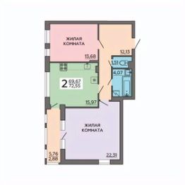 2-комн.кв., 73 м², этаж 3