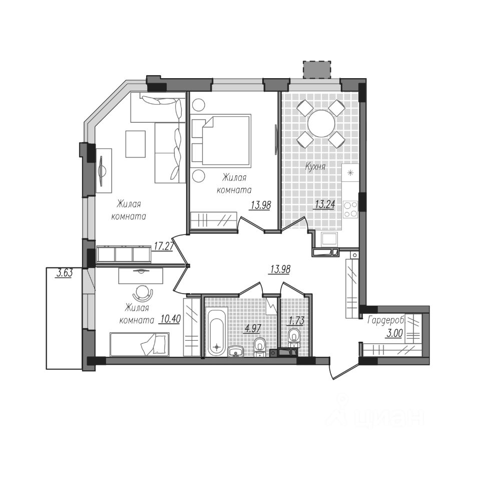 Продажа трехкомнатной квартиры 82,2м² ул. Александра Степанова, Смоленск,  Смоленская область - база ЦИАН, объявление 291406675