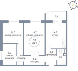 3-комн.кв., 76 м², этаж 15