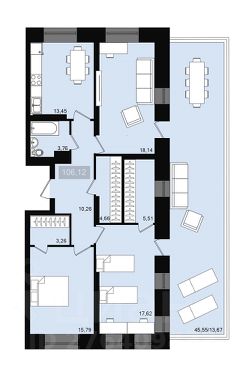 3-комн.кв., 106 м², этаж 12